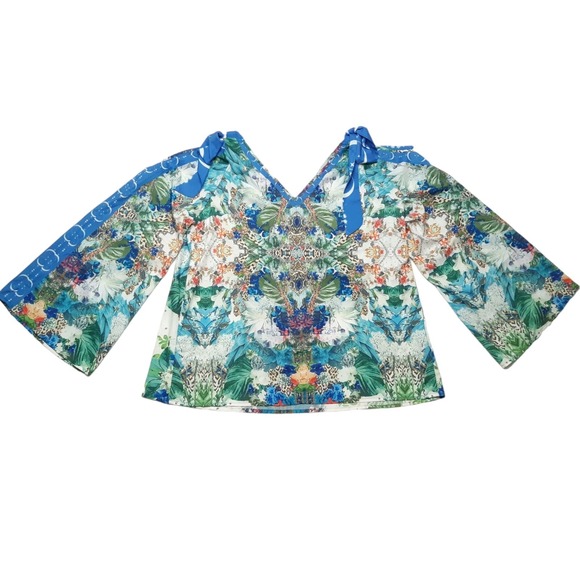 Sheilay Blouse Womens Small Blue Floral Cold Shoulder Bell Sleeve Top New - Picture 13 of 16